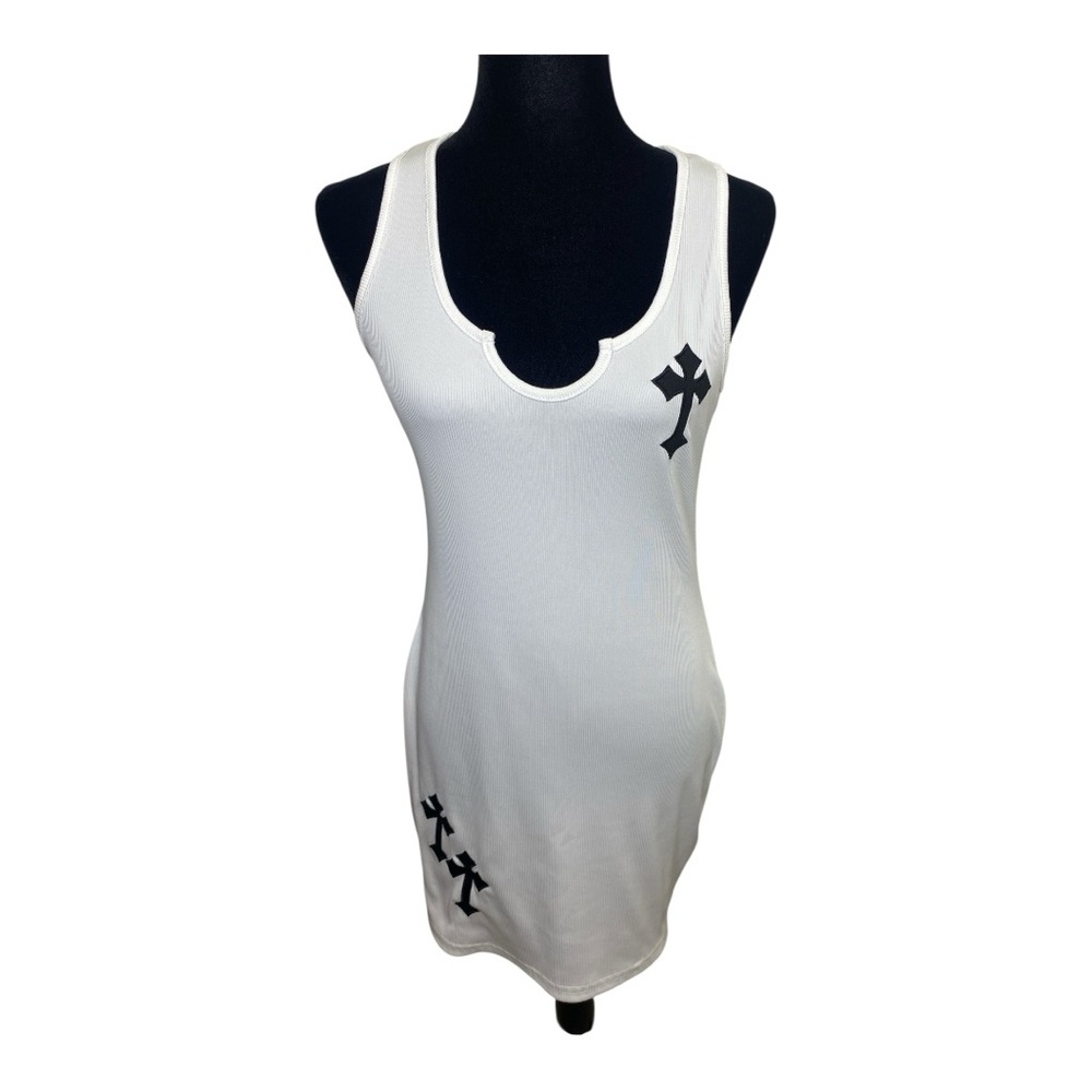 White Sleeveless Top with Black Cross Accents